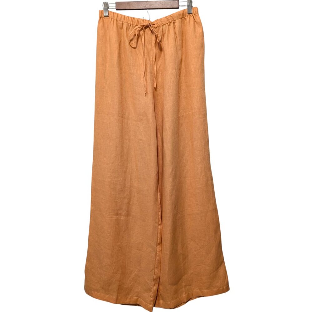 Solai Womens Size XL Orange 100% Linen Wide Leg Elastic Waist Drawstring Pants